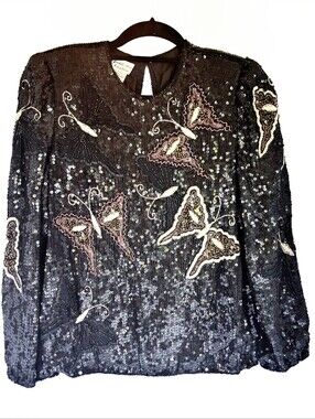 80's Vintage Judith Ann Creations Silk Sequin Handmade Black Butterfly Blouse